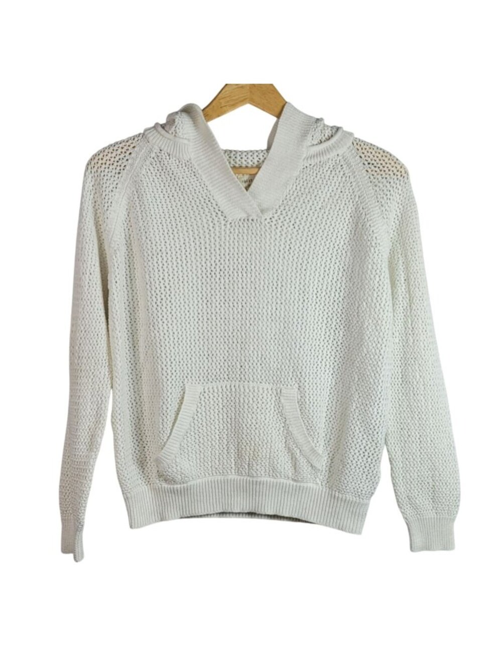 Shirt 469 Women Knit Hooded Sweater White Ivory Large Long Sleeve Pocket Linen